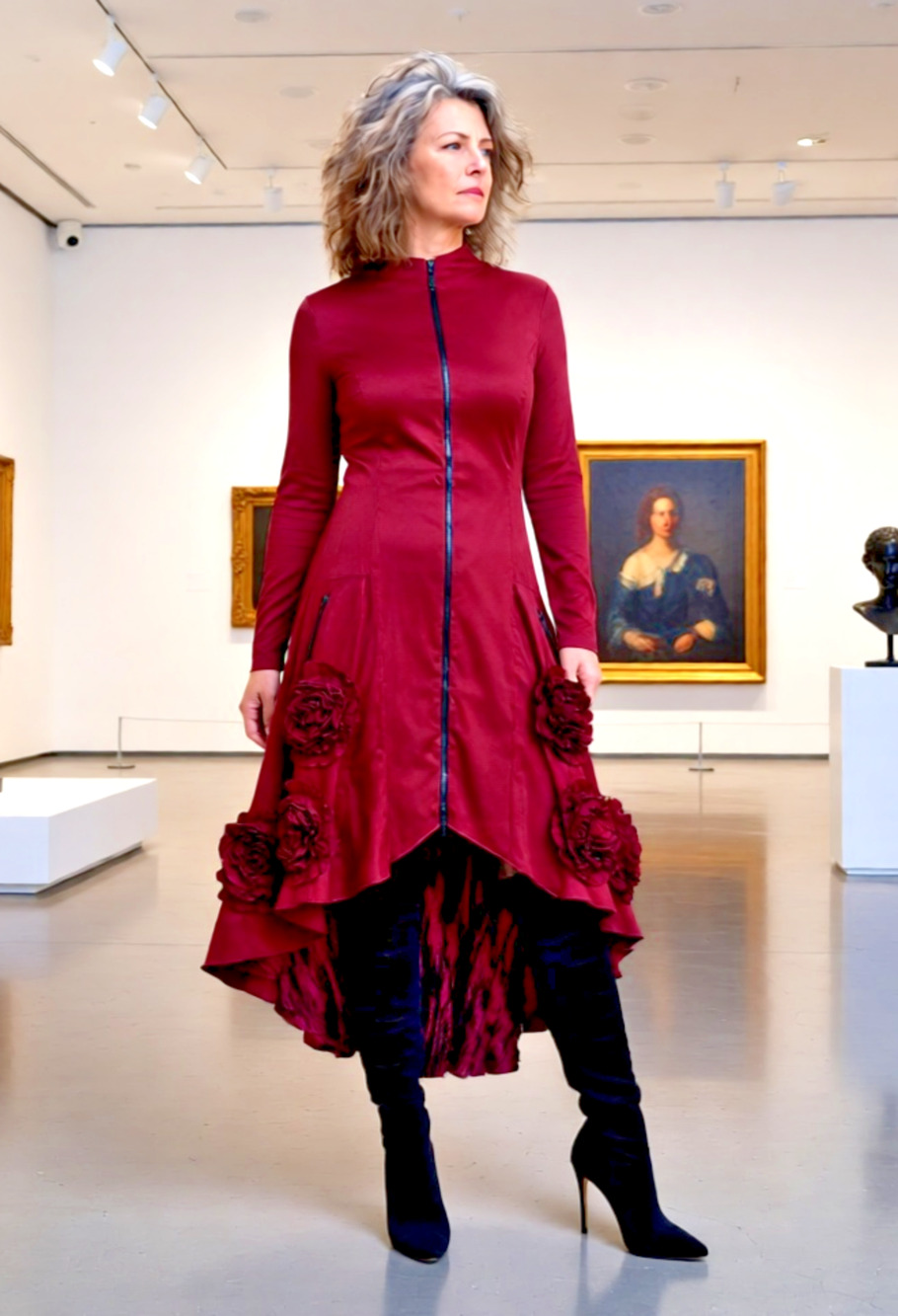 Dzhavael Couture Maroon Deep Red Rosette Coat Dress Hi Low Medium